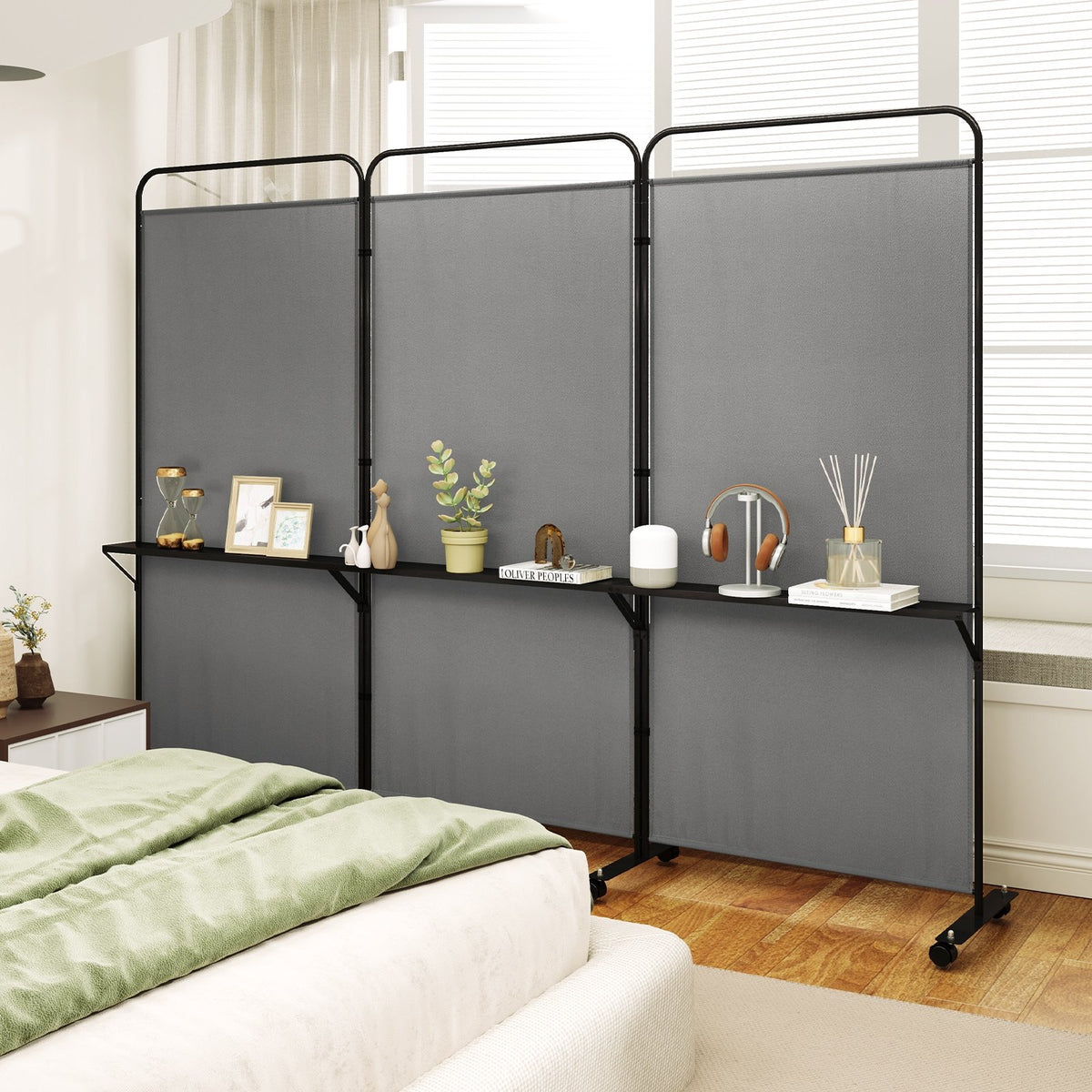 3-Panel Folding Room Divider with 3 Metal Shelves and Lockable Wheels-Gray view 6