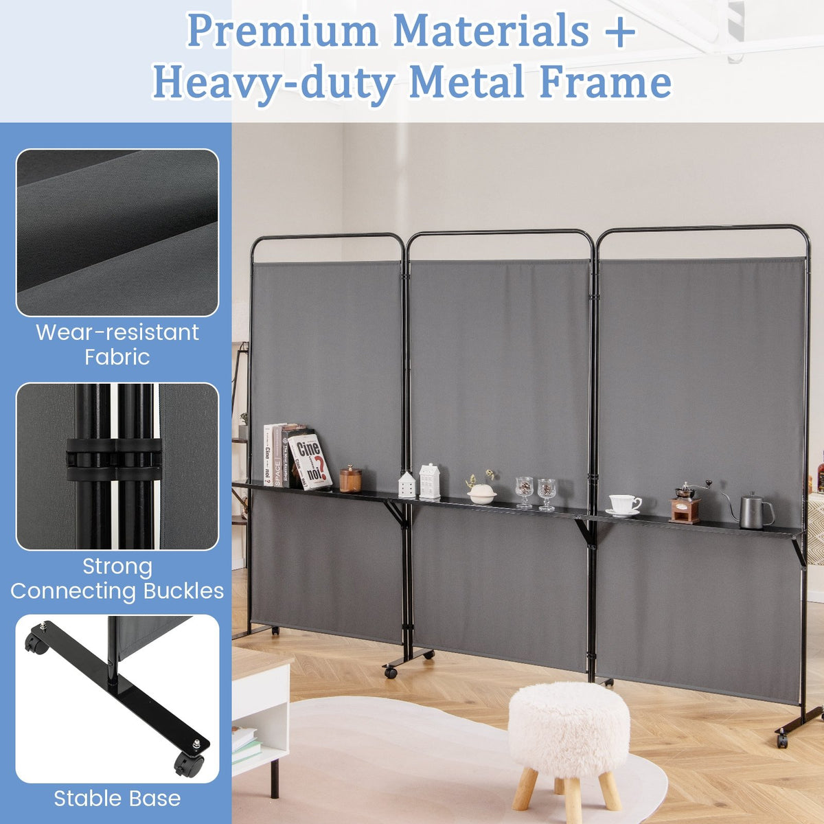 3-Panel Folding Room Divider with 3 Metal Shelves and Lockable Wheels-Gray view 7