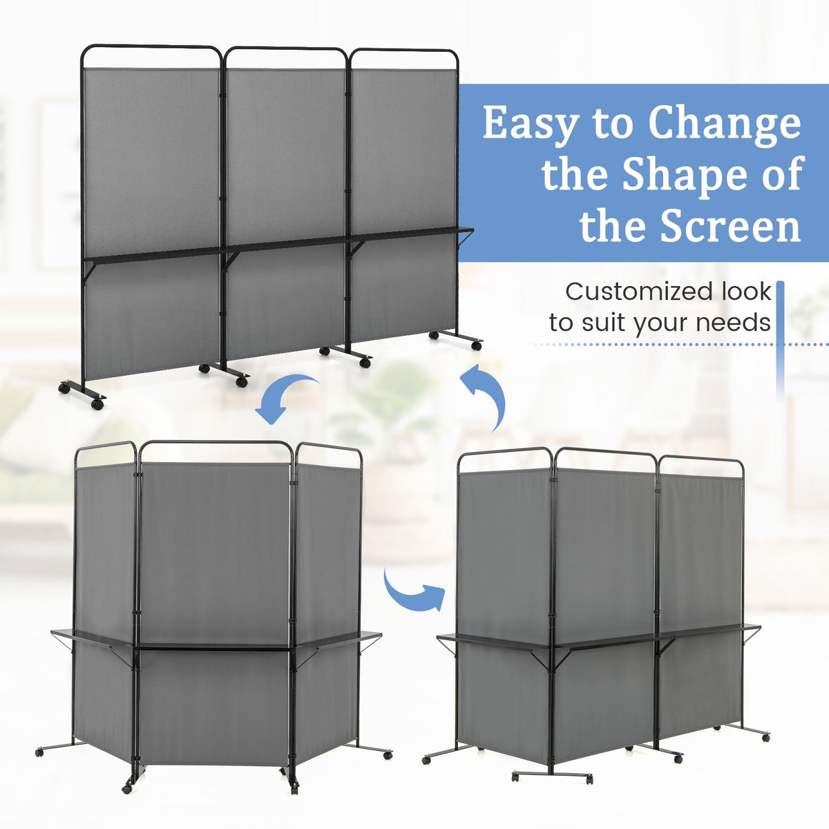 3-Panel Folding Room Divider with 3 Metal Shelves and Lockable Wheels-Gray view 8