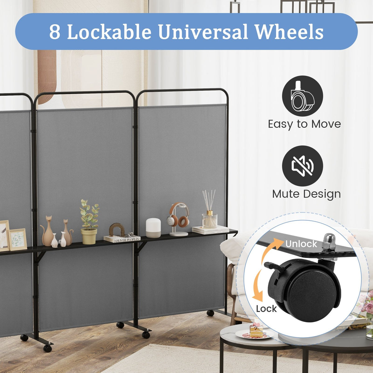 3-Panel Folding Room Divider with 3 Metal Shelves and Lockable Wheels-Gray view 9