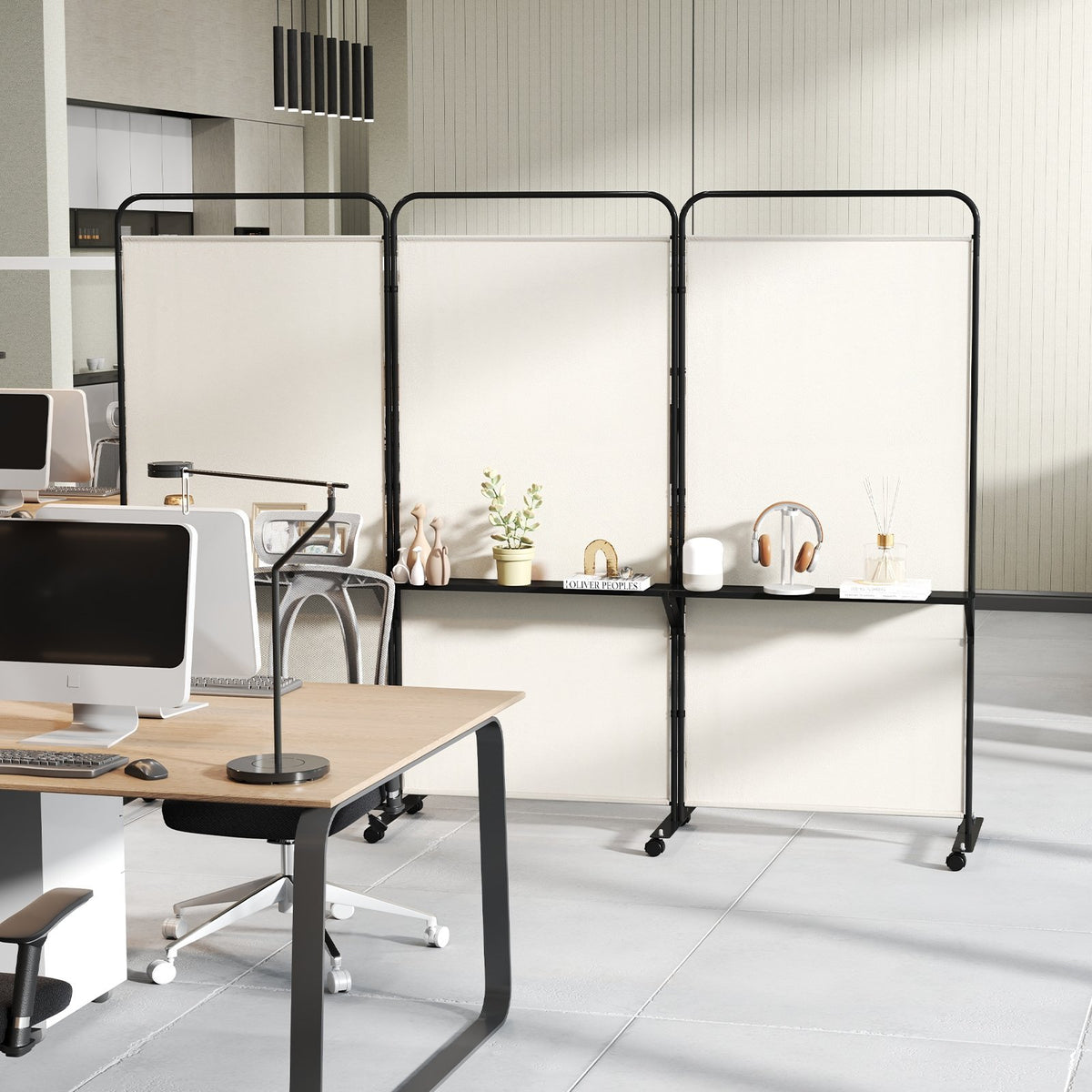 3-Panel Folding Room Divider with 3 Metal Shelves and Lockable Wheels-White view 3