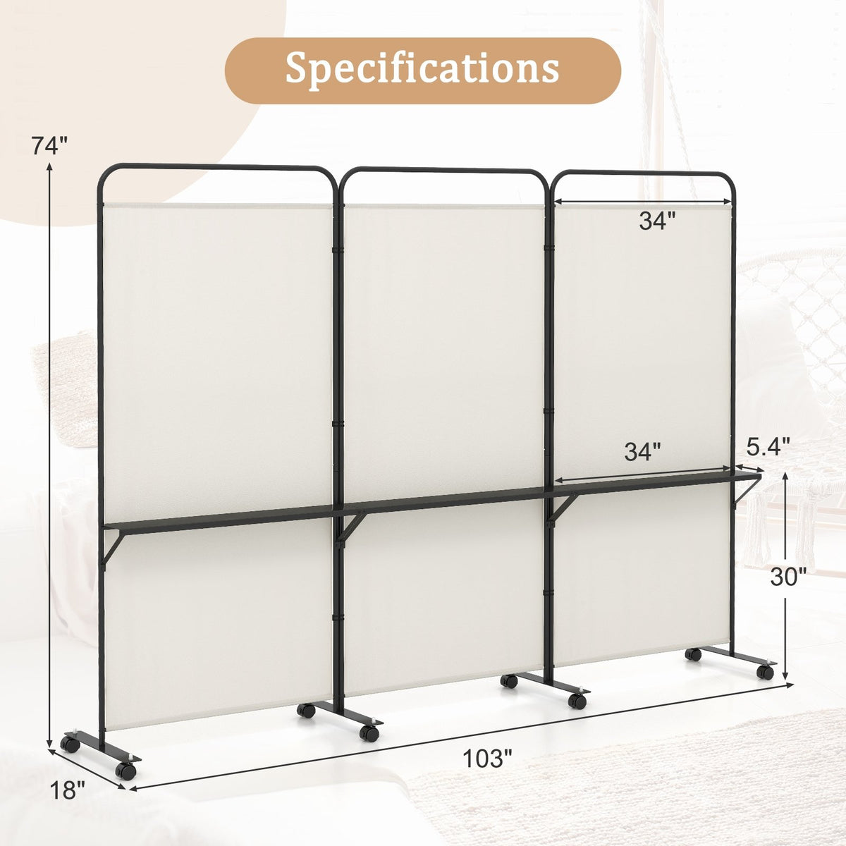 3-Panel Folding Room Divider with 3 Metal Shelves and Lockable Wheels-White view 5
