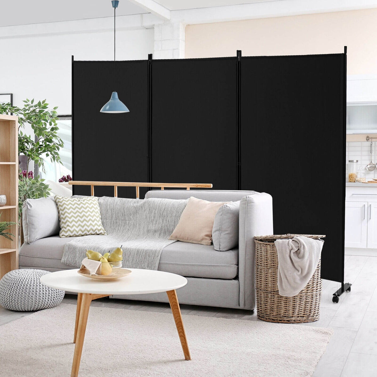 3 Panel Folding Room Divider with Lockable Wheels-Black view 2