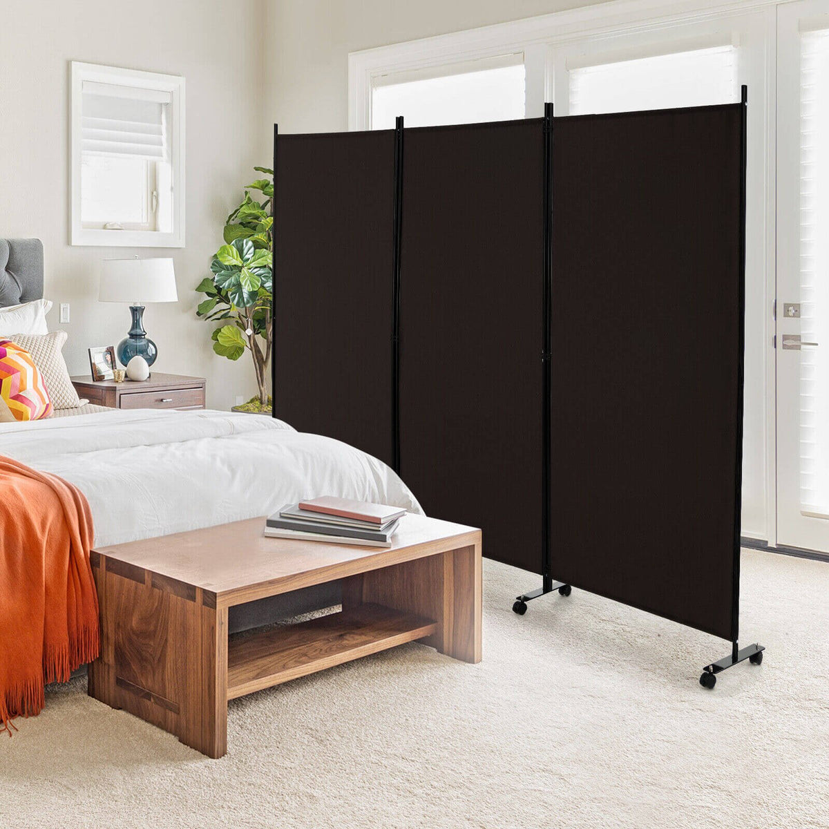 3 Panel Folding Room Divider with Lockable Wheels-Brown view 2