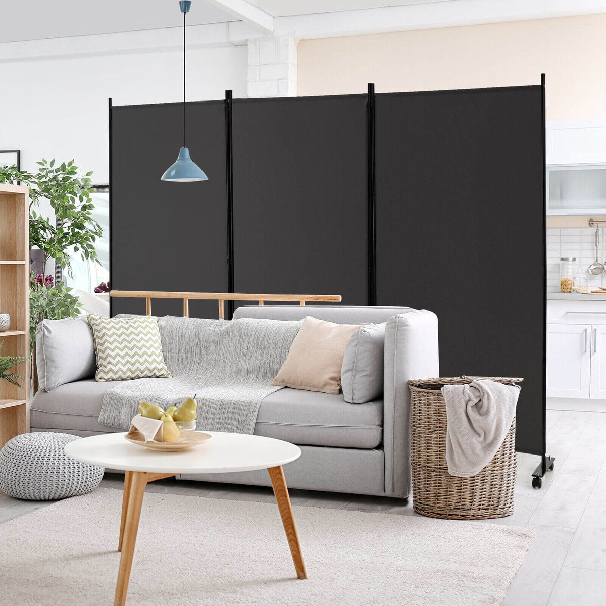 3 Panel Folding Room Divider with Lockable Wheels-Gray view 2