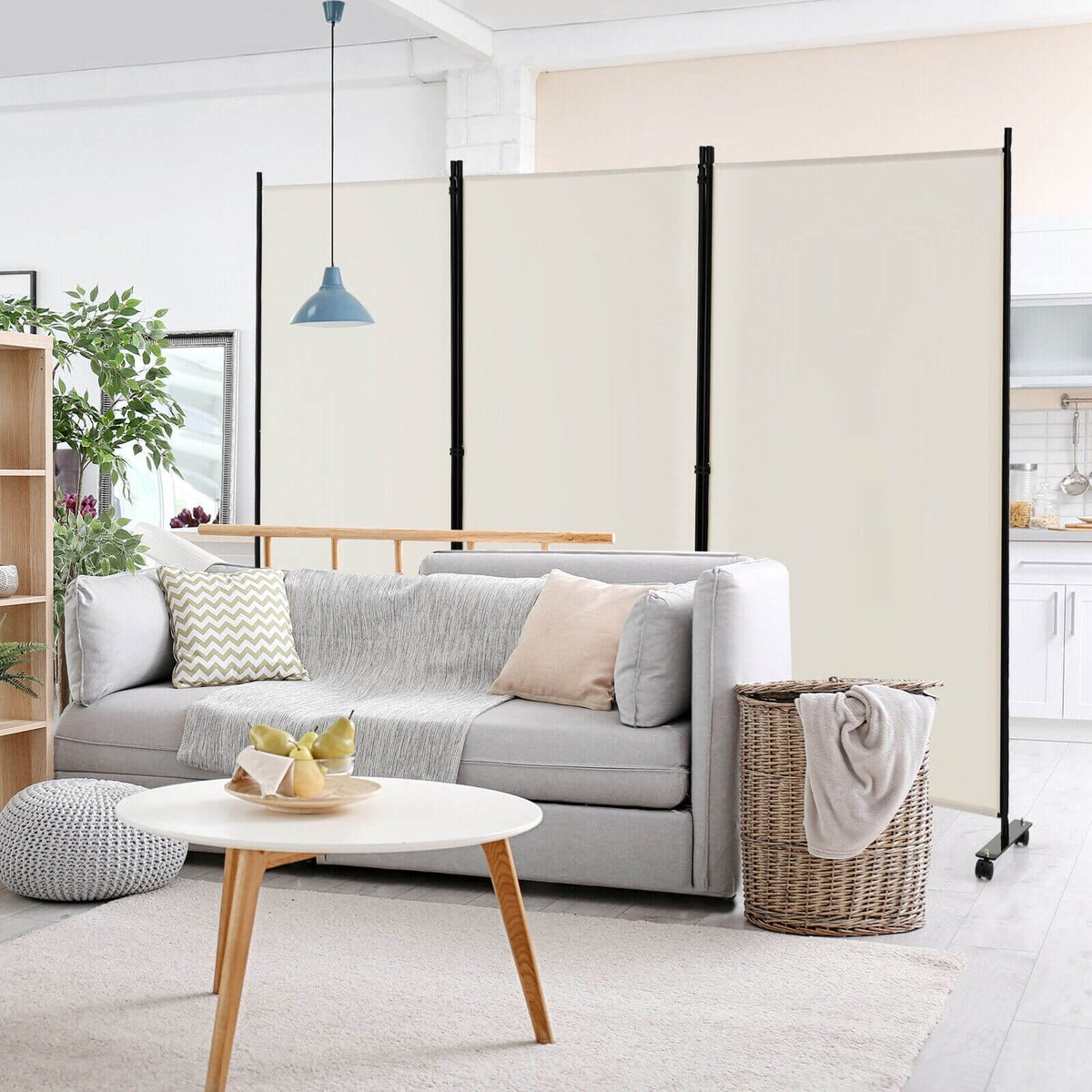 3 Panel Folding Room Divider with Lockable Wheels-White view 2