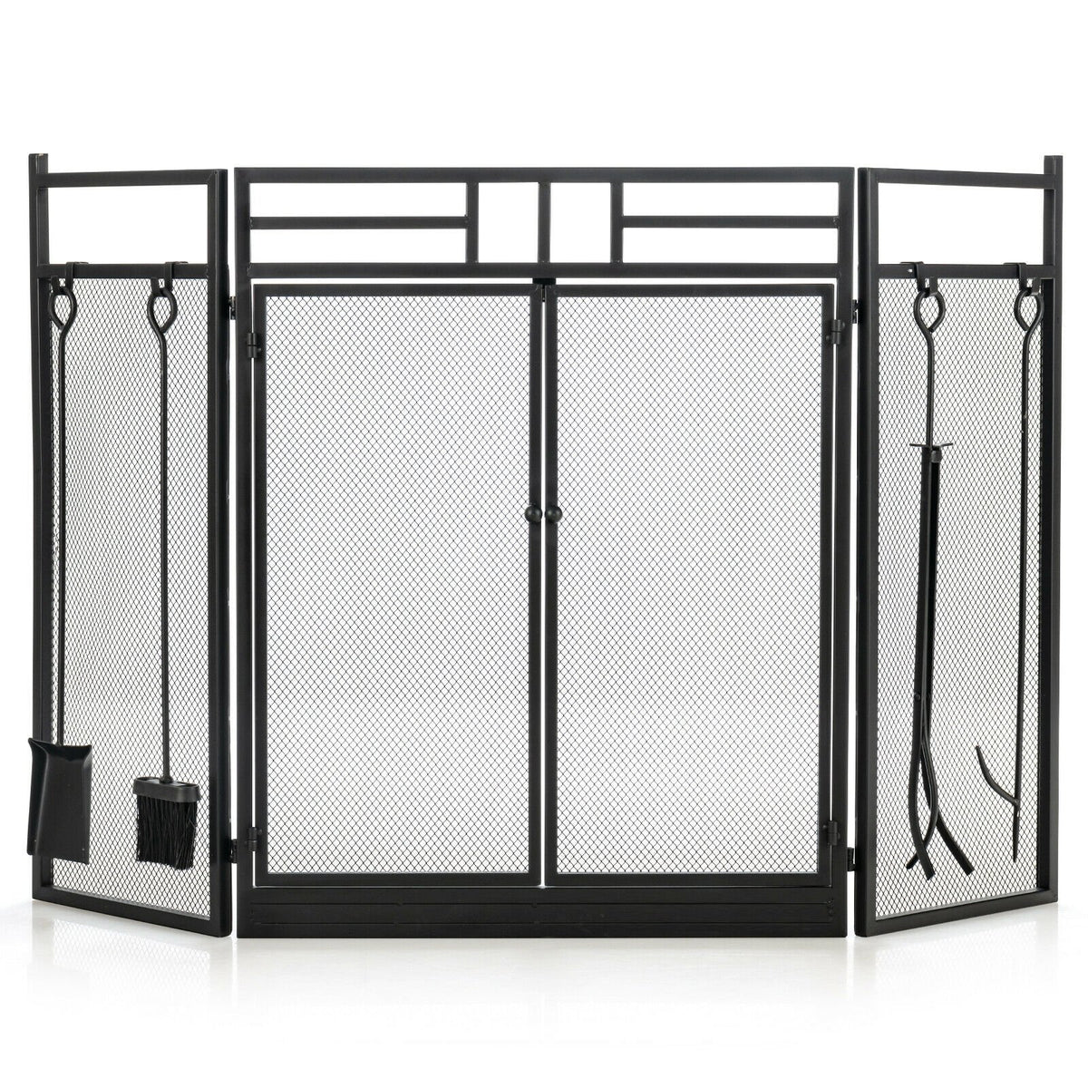 3-Panel Folding Wrought Iron Fireplace Screen with 4 Pieces Tools Set-Black