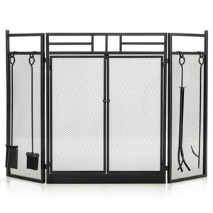 3-Panel Folding Wrought Iron Fireplace Screen with 4 Pieces Tools Set-Black