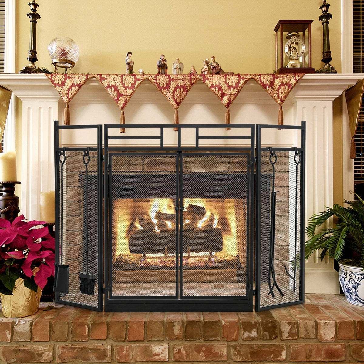 3-Panel Folding Wrought Iron Fireplace Screen with 4 Pieces Tools Set-Black view 2