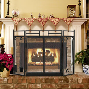 3-Panel Folding Wrought Iron Fireplace Screen with 4 Pieces Tools Set-Black view 2
