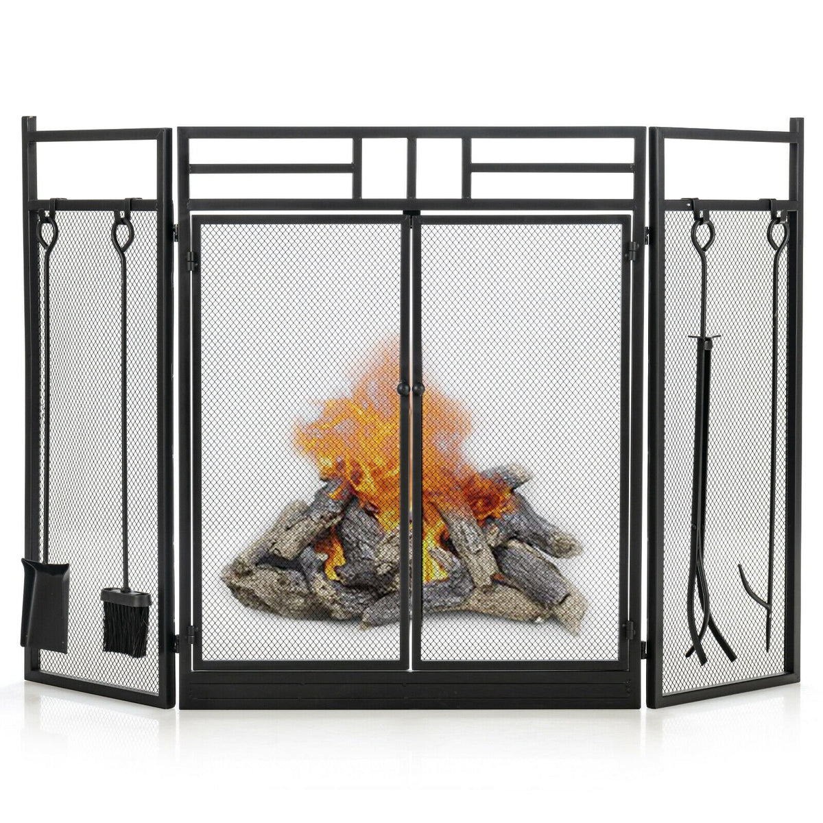 3-Panel Folding Wrought Iron Fireplace Screen with 4 Pieces Tools Set-Black view 3
