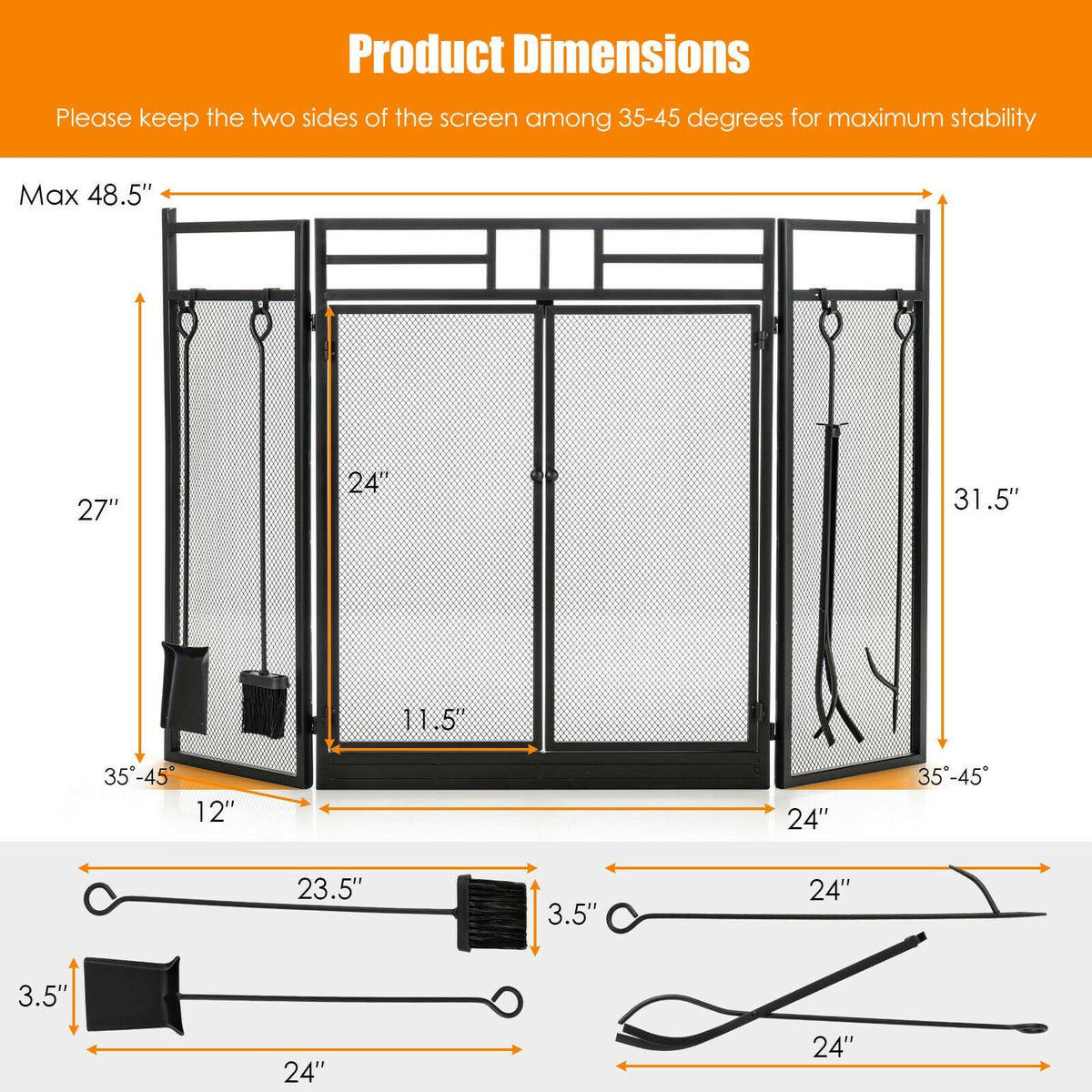 3-Panel Folding Wrought Iron Fireplace Screen with 4 Pieces Tools Set-Black view 4