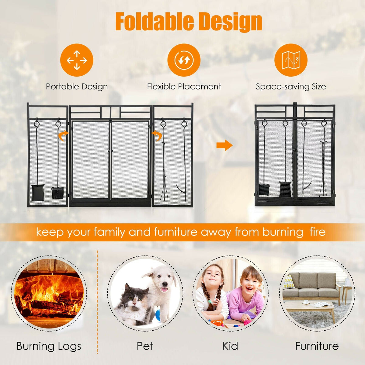 3-Panel Folding Wrought Iron Fireplace Screen with 4 Pieces Tools Set-Black view 5