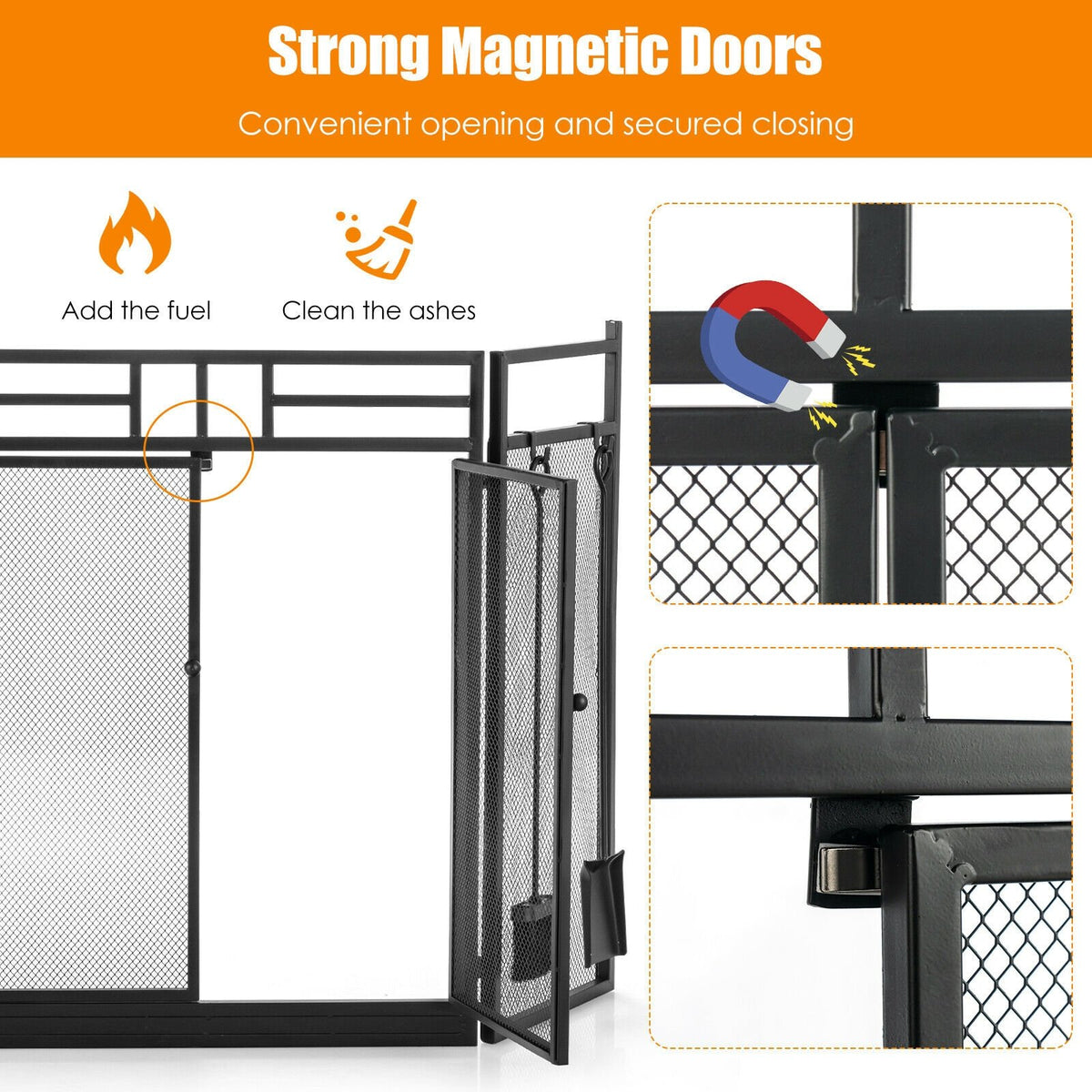 3-Panel Folding Wrought Iron Fireplace Screen with 4 Pieces Tools Set-Black view 6