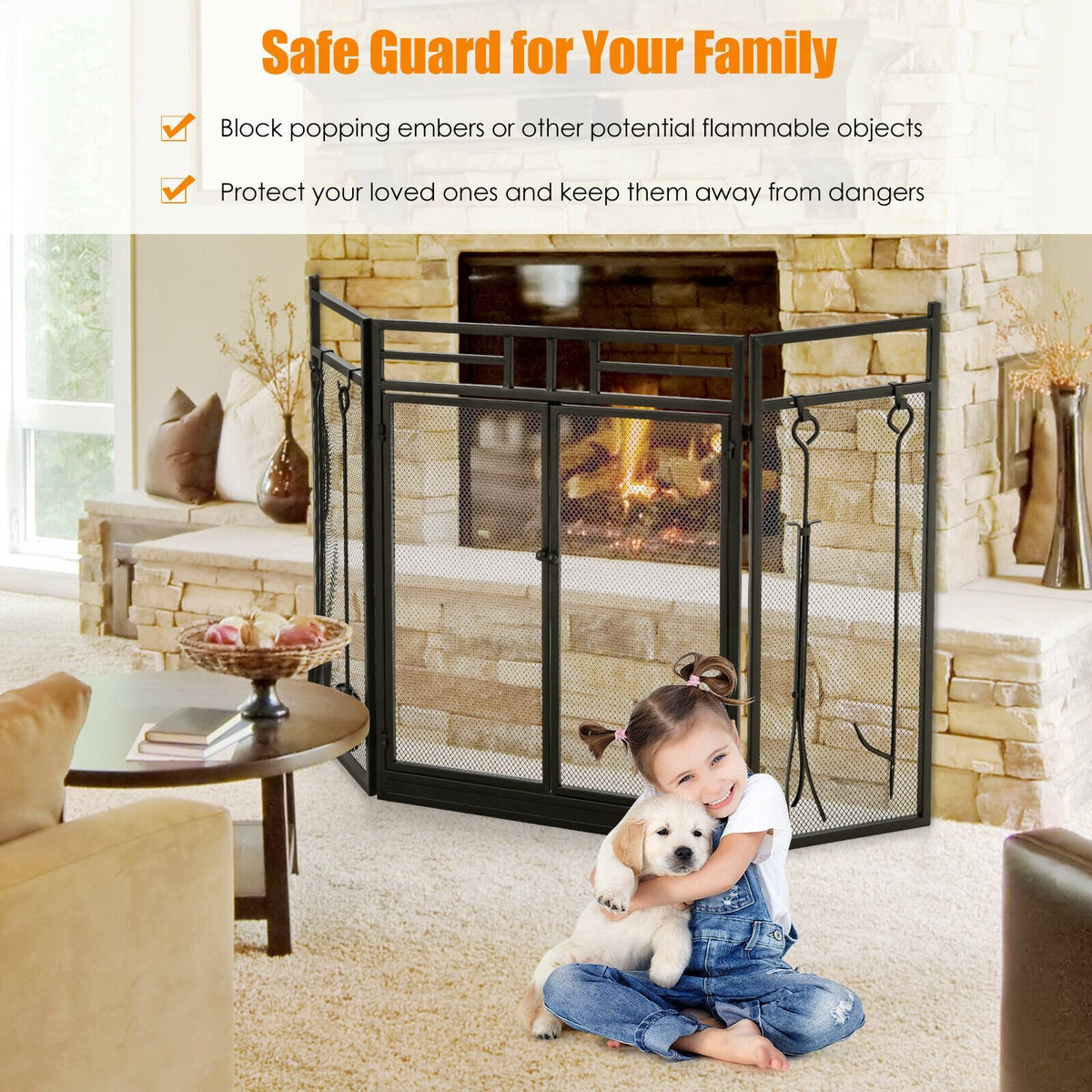 3-Panel Folding Wrought Iron Fireplace Screen with 4 Pieces Tools Set-Black view 7