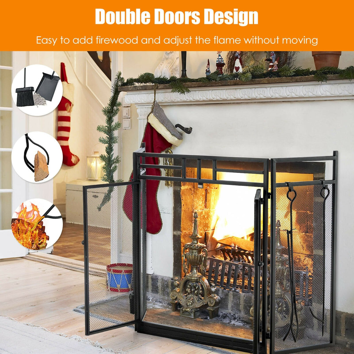 3-Panel Folding Wrought Iron Fireplace Screen with 4 Pieces Tools Set-Black view 8