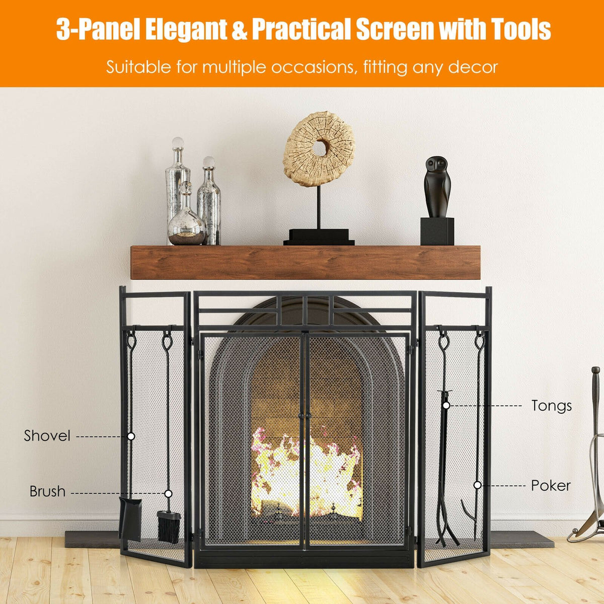 3-Panel Folding Wrought Iron Fireplace Screen with 4 Pieces Tools Set-Black view 9