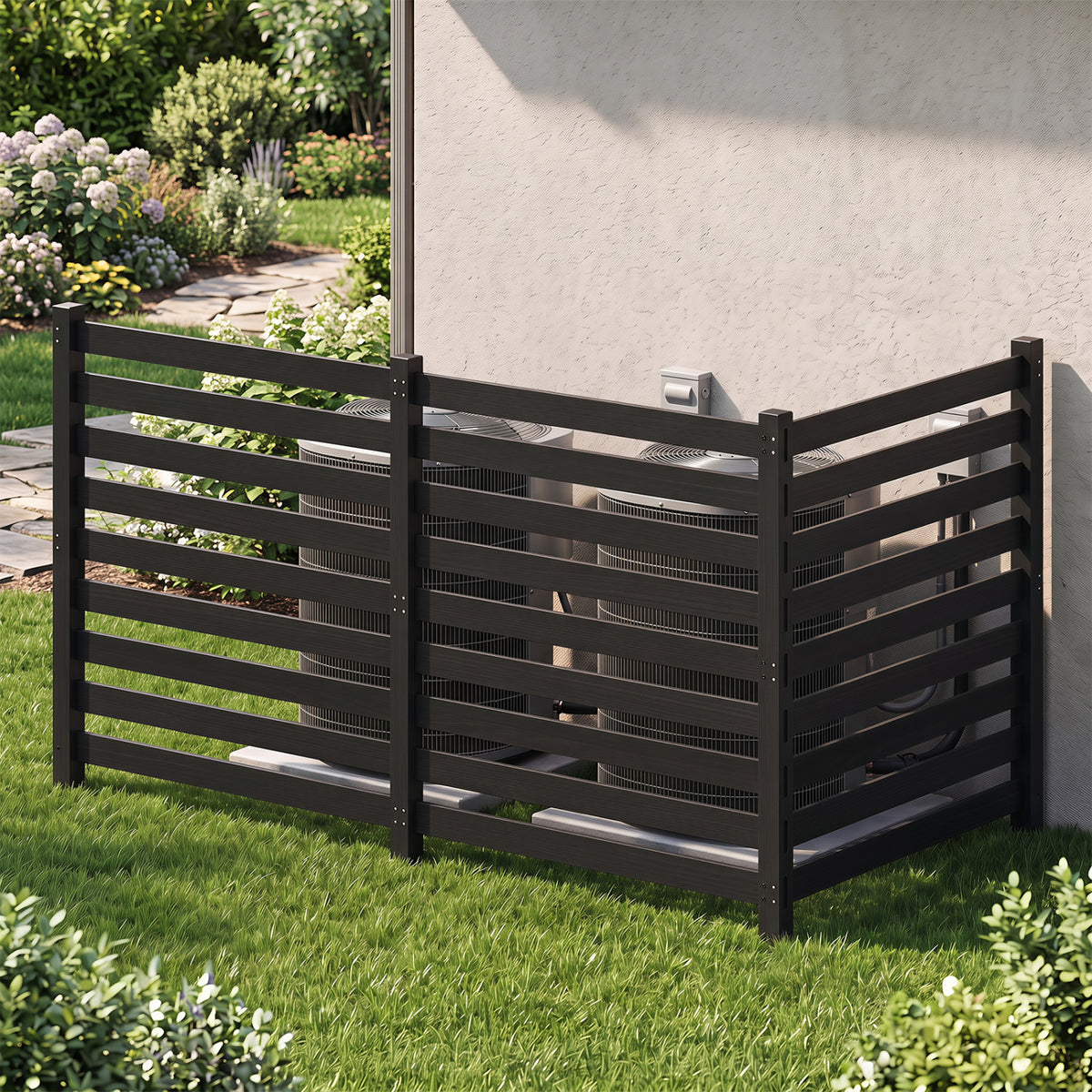 3-Panel Wooden Outdoor Privacy Fence with Ground Stakes-Black view 2