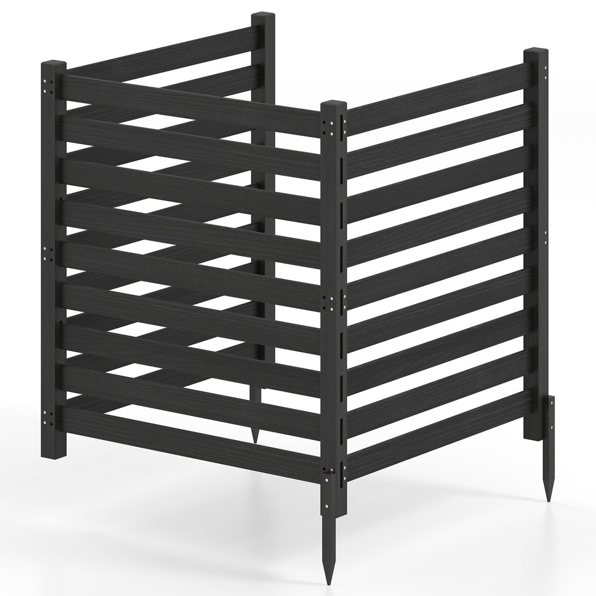 3-Panel Wooden Outdoor Privacy Fence with Ground Stakes-Black view 4