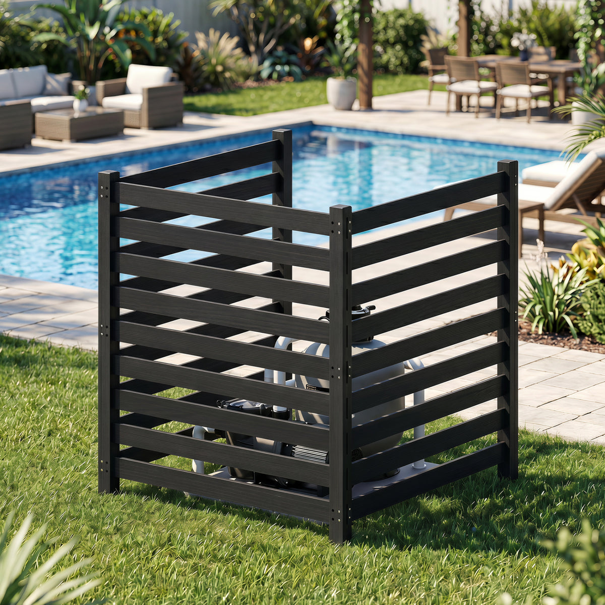 3-Panel Wooden Outdoor Privacy Fence with Ground Stakes-Black view 6