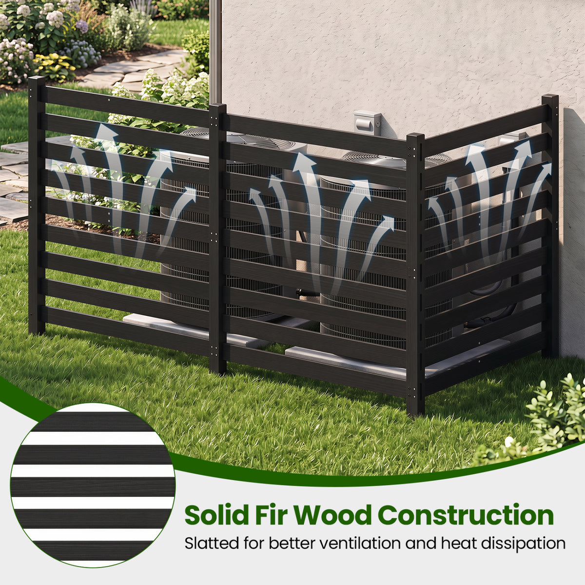 3-Panel Wooden Outdoor Privacy Fence with Ground Stakes-Black view 7