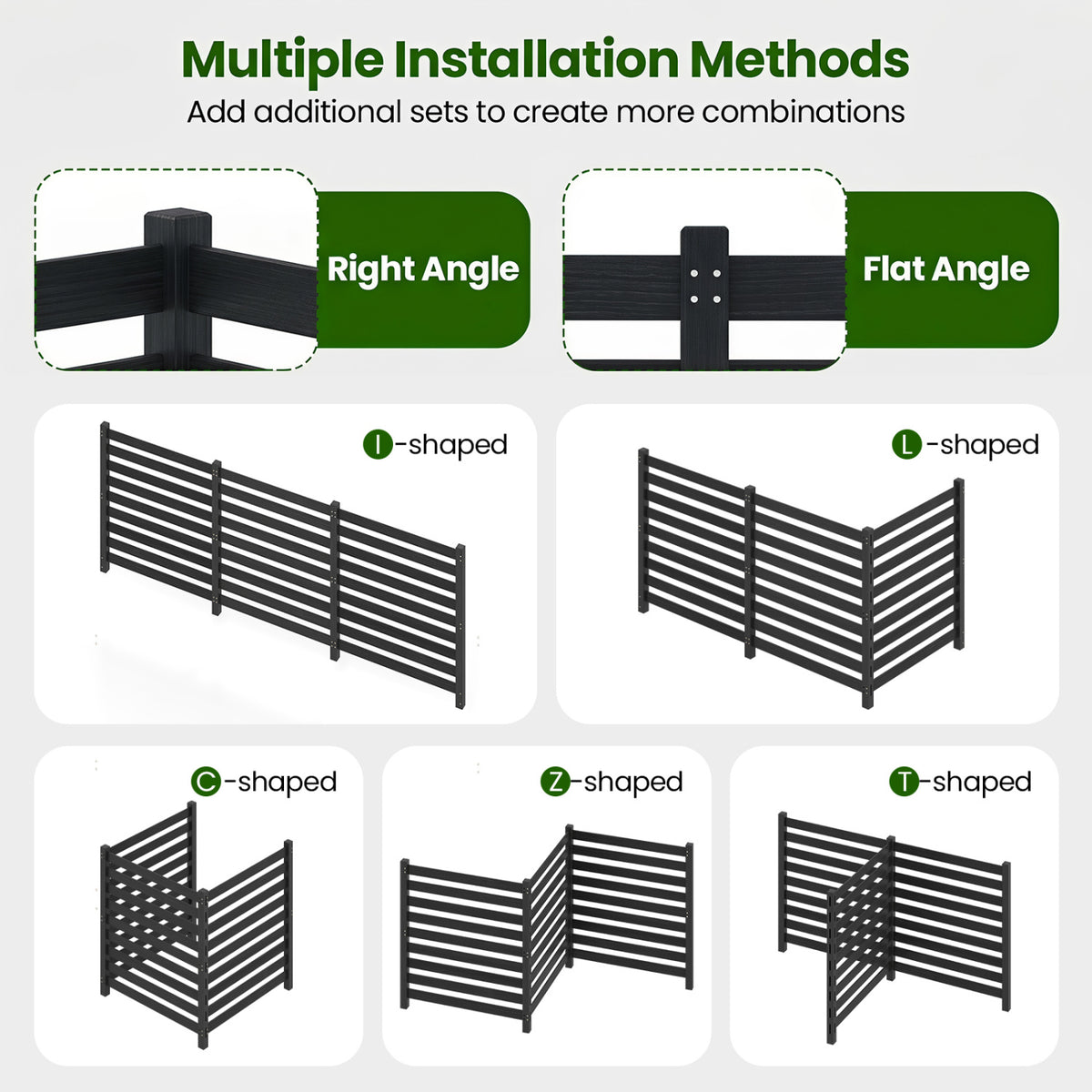 3-Panel Wooden Outdoor Privacy Fence with Ground Stakes-Black view 8