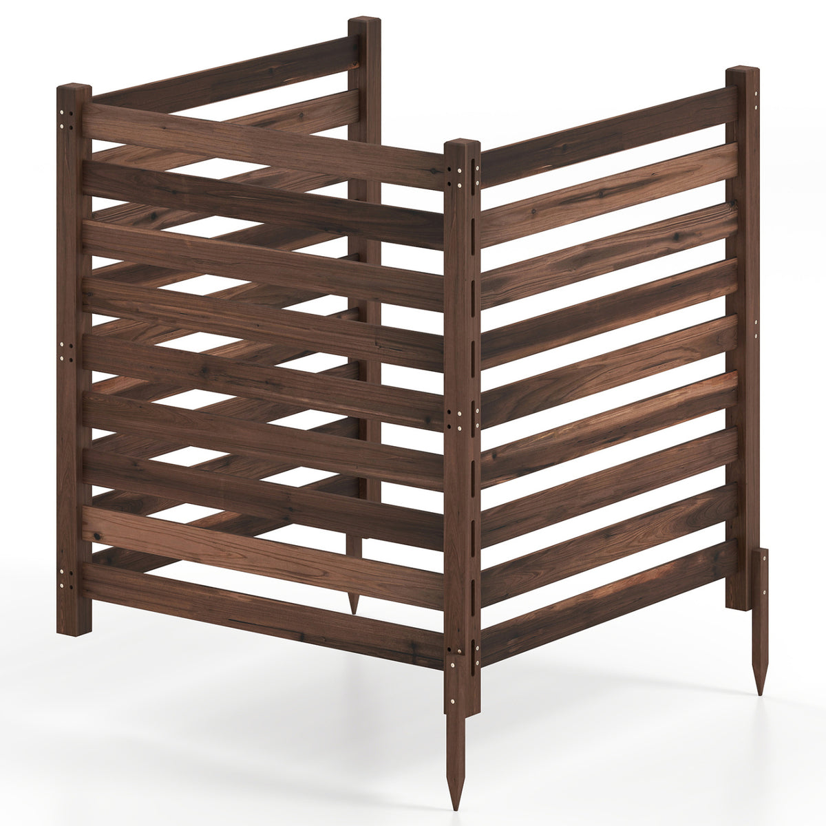 3-Panel Wooden Outdoor Privacy Fence with Ground Stakes-Brown view 4