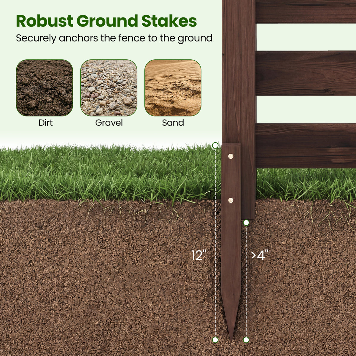 3-Panel Wooden Outdoor Privacy Fence with Ground Stakes-Brown view 9