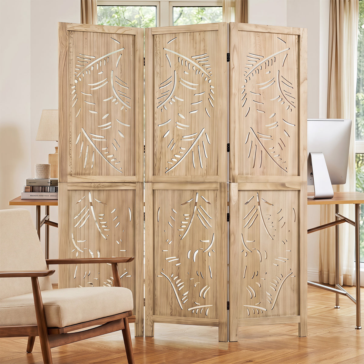 3-Panel Wooden Room Divider with Palm Leaf Design & Paulownia Frame for Home view 2