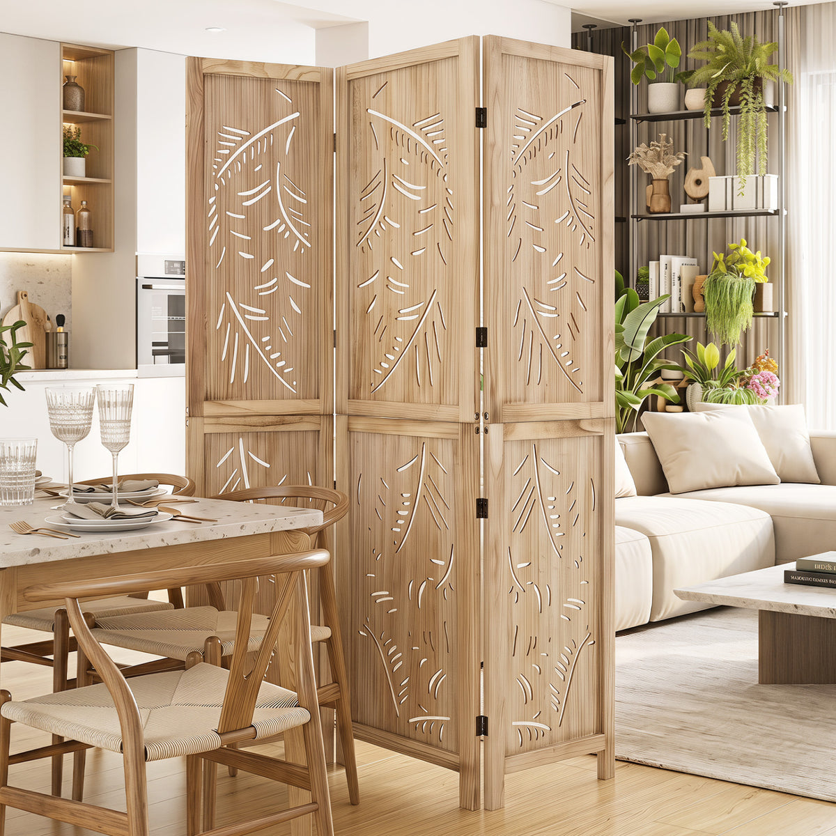 3-Panel Wooden Room Divider with Palm Leaf Design & Paulownia Frame for Home view 3