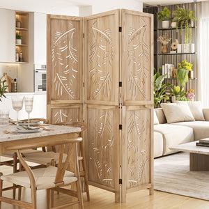 3-Panel Wooden Room Divider with Palm Leaf Design & Paulownia Frame for Home view 3