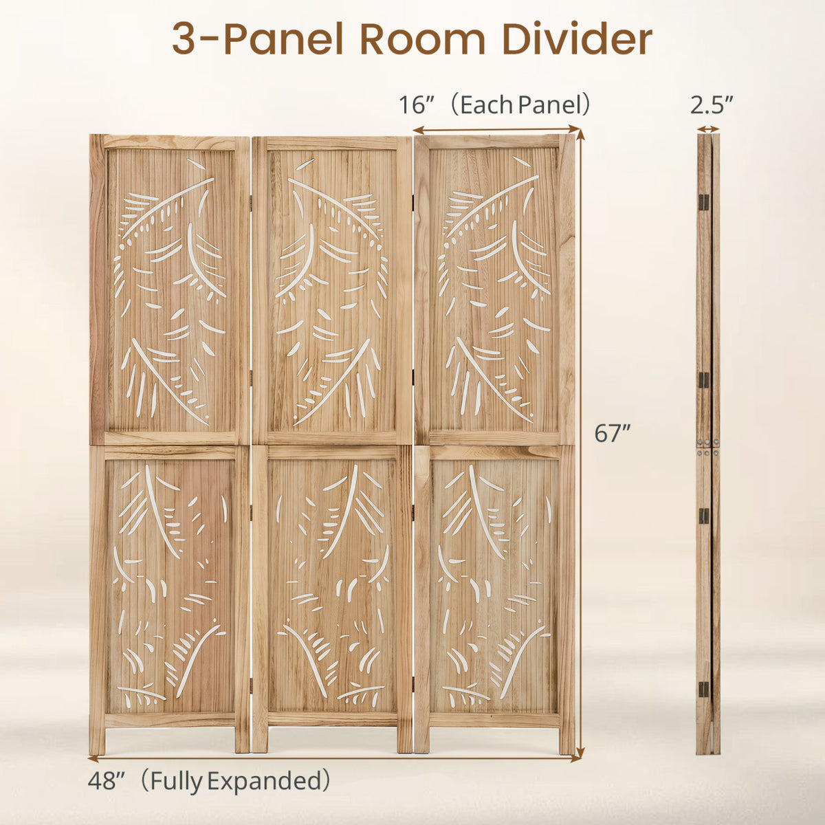 3-Panel Wooden Room Divider with Palm Leaf Design & Paulownia Frame for Home view 4