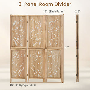 3-Panel Wooden Room Divider with Palm Leaf Design & Paulownia Frame for Home view 4