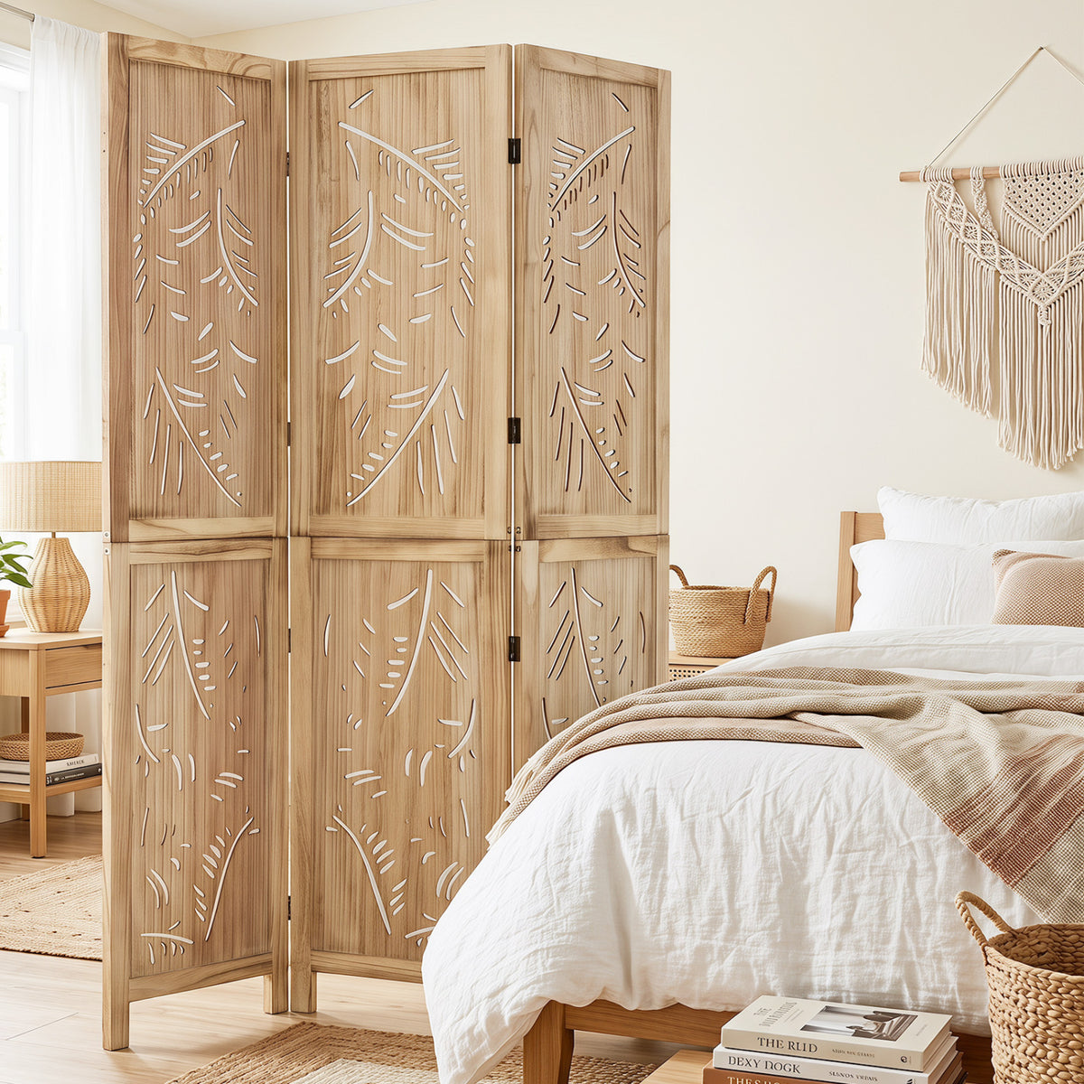 3-Panel Wooden Room Divider with Palm Leaf Design & Paulownia Frame for Home view 5