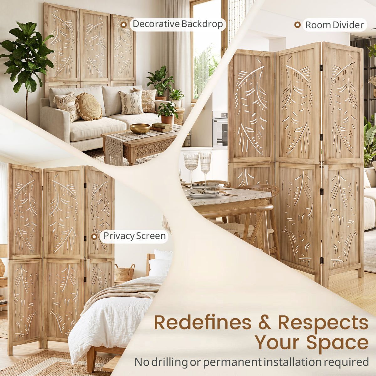 3-Panel Wooden Room Divider with Palm Leaf Design & Paulownia Frame for Home view 6