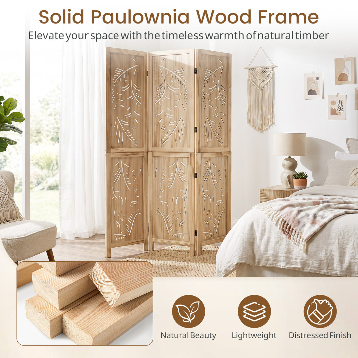 3-Panel Wooden Room Divider with Palm Leaf Design & Paulownia Frame for Home view 7