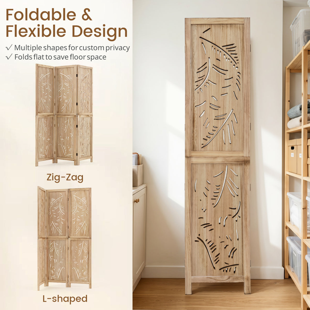 3-Panel Wooden Room Divider with Palm Leaf Design & Paulownia Frame for Home view 8