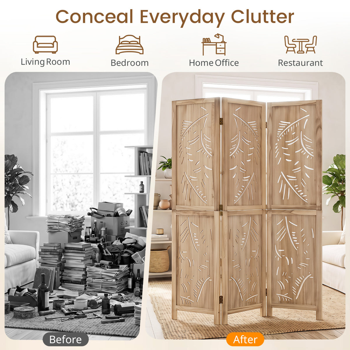 3-Panel Wooden Room Divider with Palm Leaf Design & Paulownia Frame for Home view 9