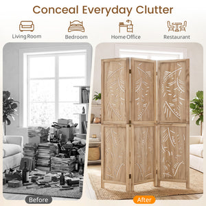 3-Panel Wooden Room Divider with Palm Leaf Design & Paulownia Frame for Home view 9