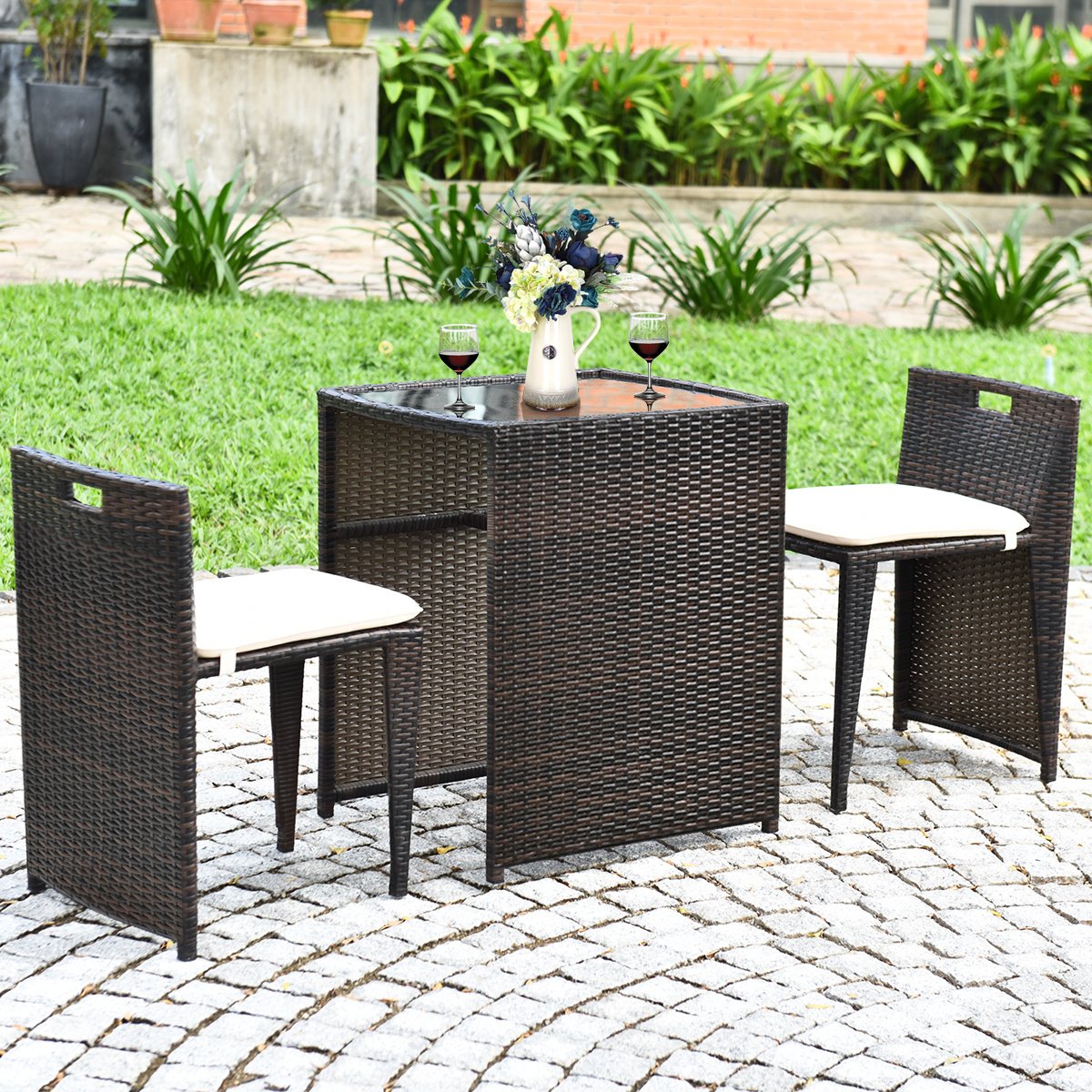 3 Pieces Cushioned Wicker Patio Bistro Set with No Assembly Needed view 2