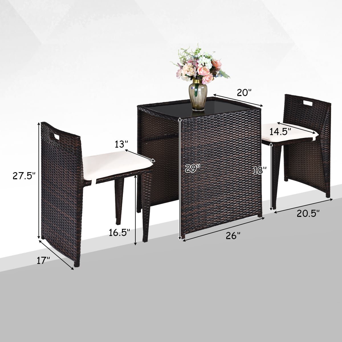 3 Pieces Cushioned Wicker Patio Bistro Set with No Assembly Needed view 5