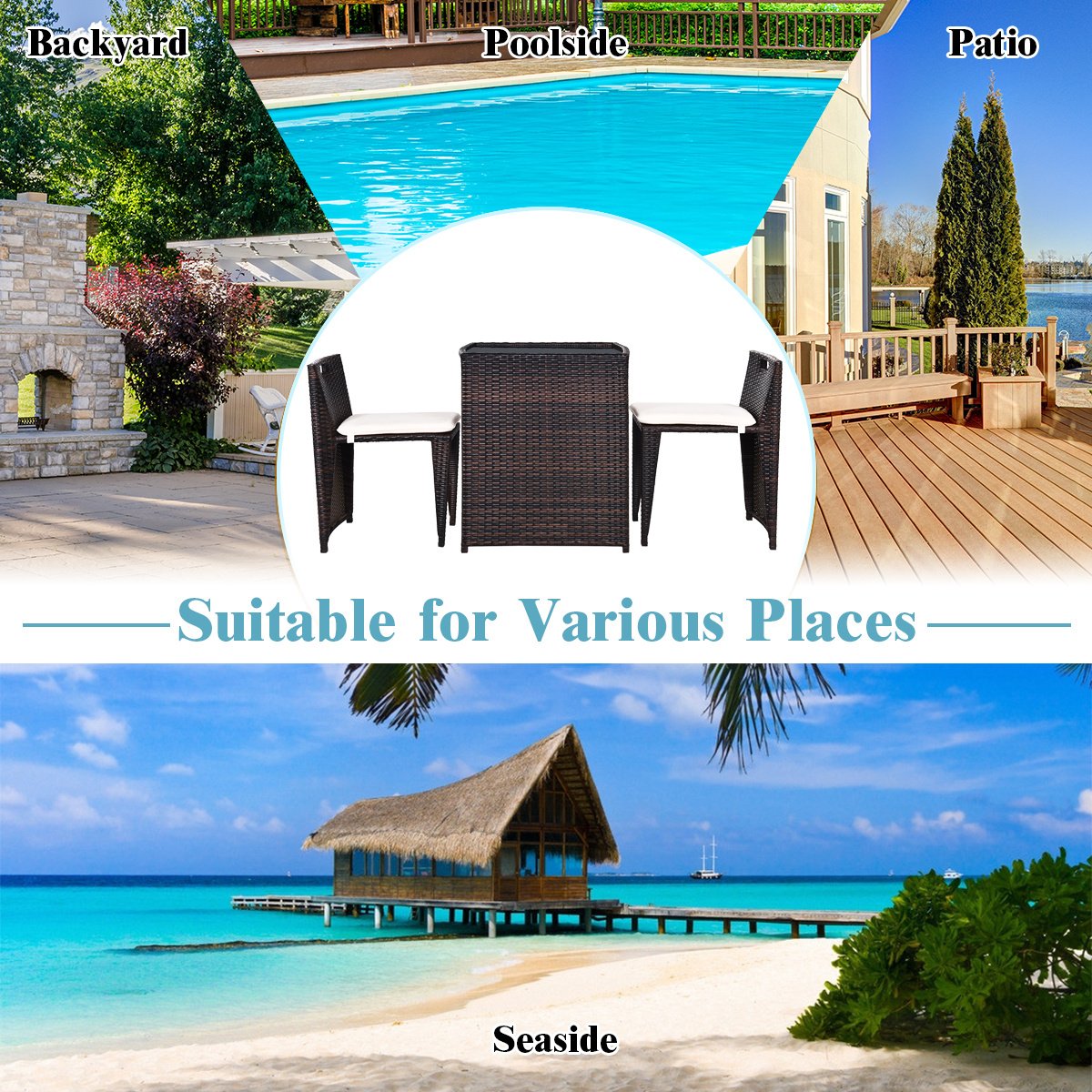 3 Pieces Cushioned Wicker Patio Bistro Set with No Assembly Needed view 6