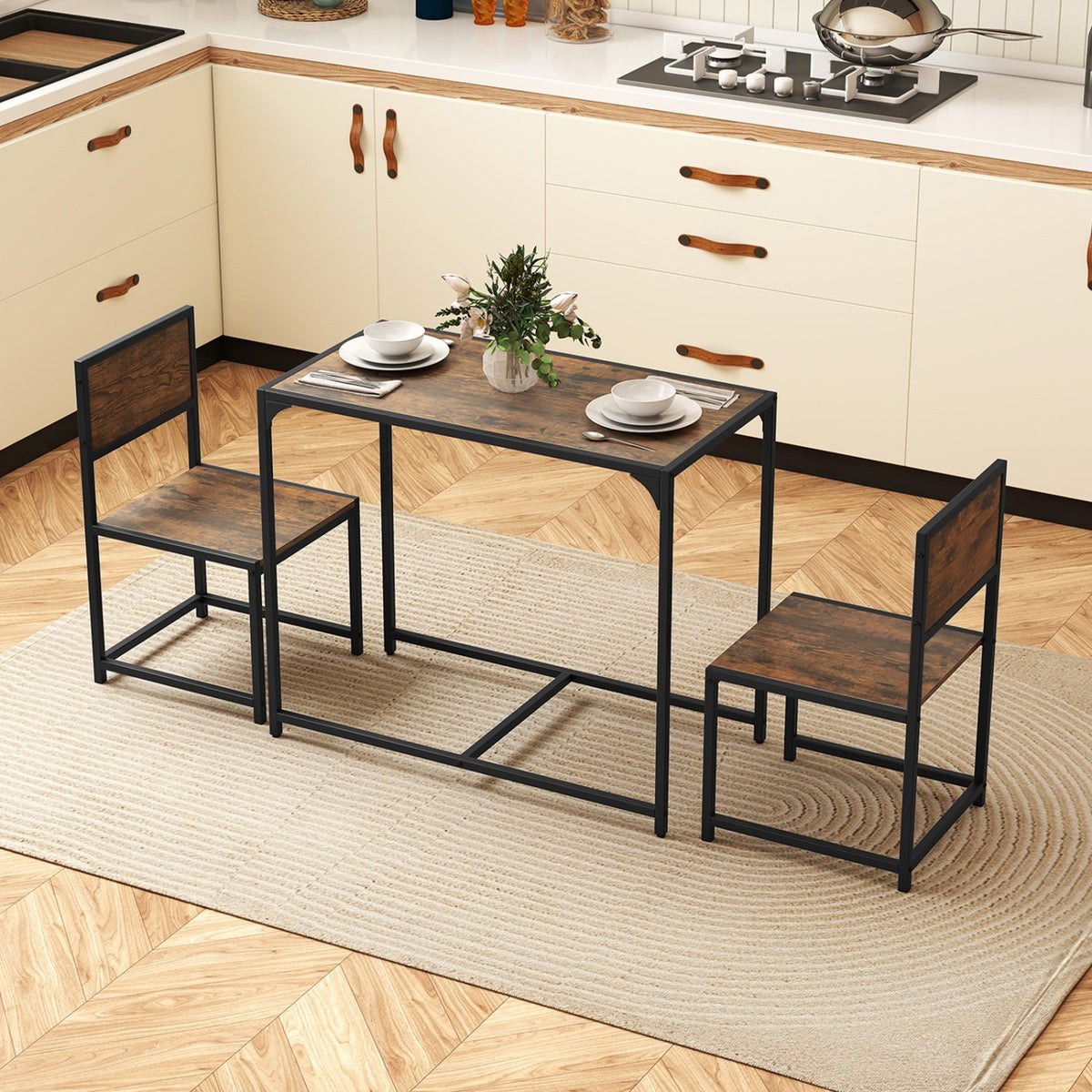 3 Pcs Dining Set Compact Table and 2 Chair with Metal Frame for for Small Space-Coffee view 2