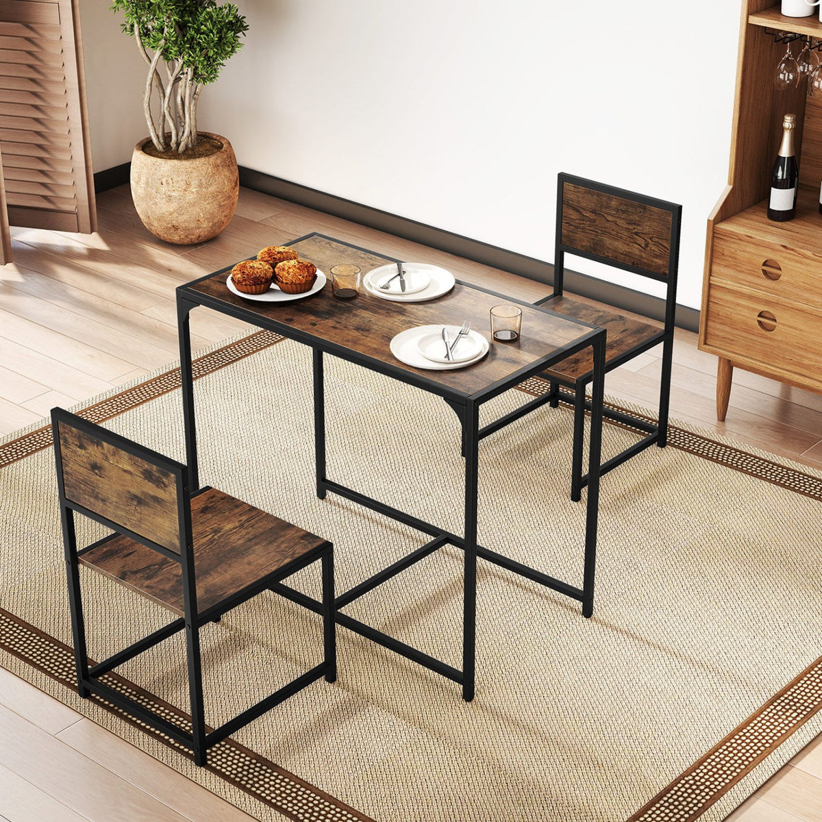 3 Pcs Dining Set Compact Table and 2 Chair with Metal Frame for for Small Space-Coffee view 3