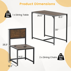 3 Pcs Dining Set Compact Table and 2 Chair with Metal Frame for for Small Space-Coffee view 5