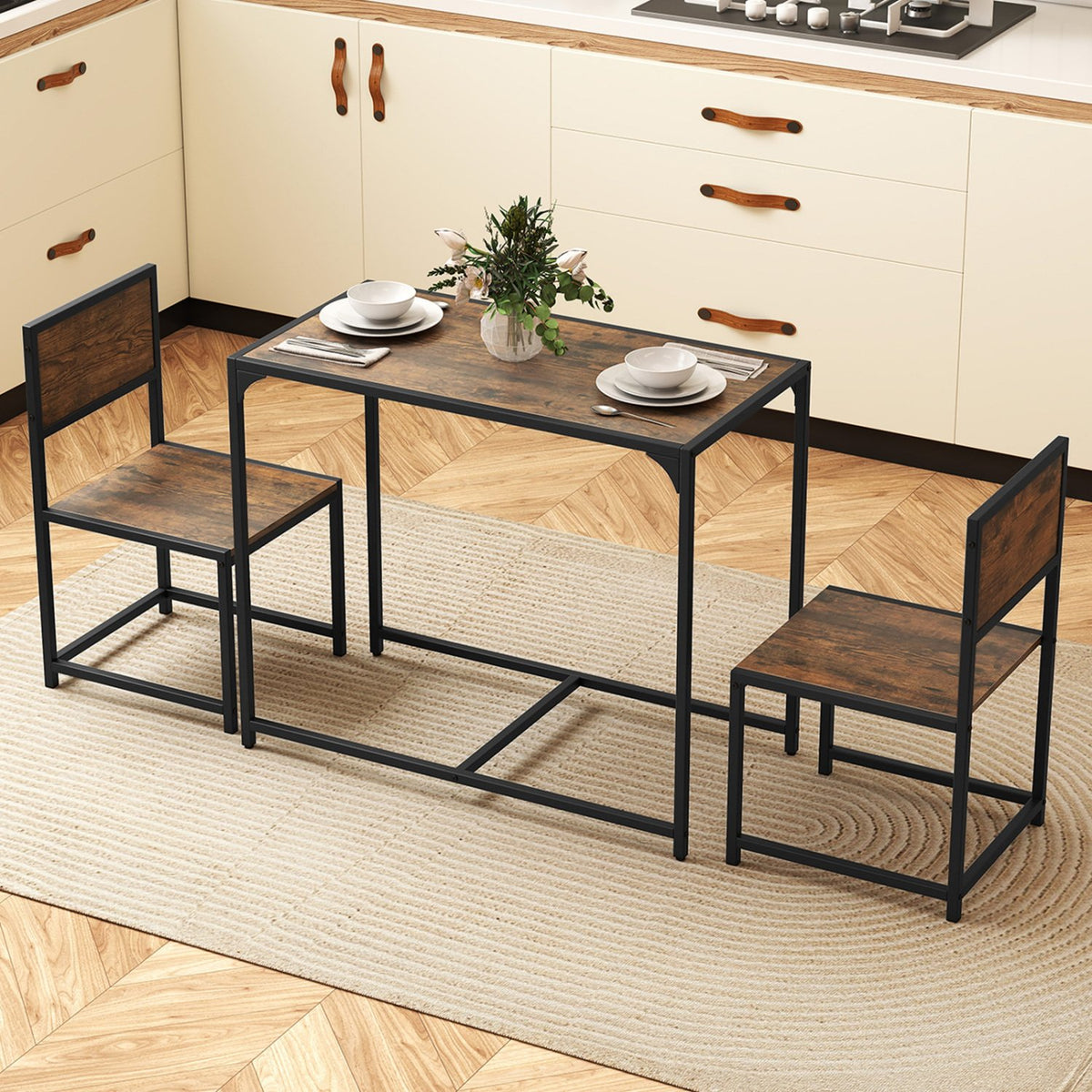 3 Pcs Dining Set Compact Table and 2 Chair with Metal Frame for for Small Space-Coffee view 6