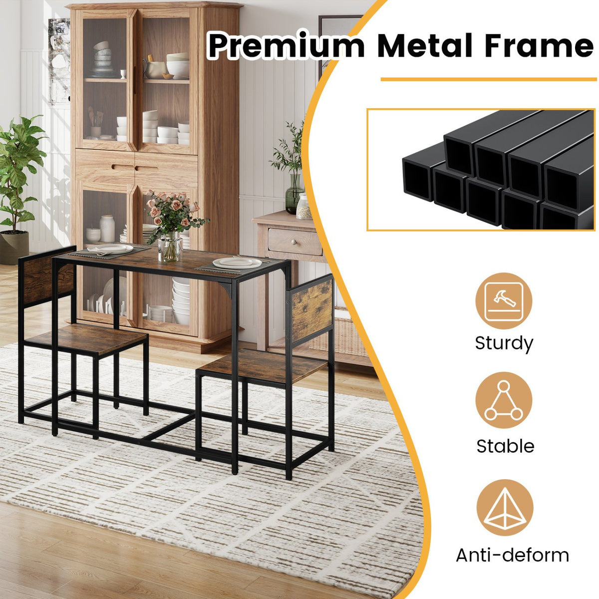 3 Pcs Dining Set Compact Table and 2 Chair with Metal Frame for for Small Space-Coffee view 9