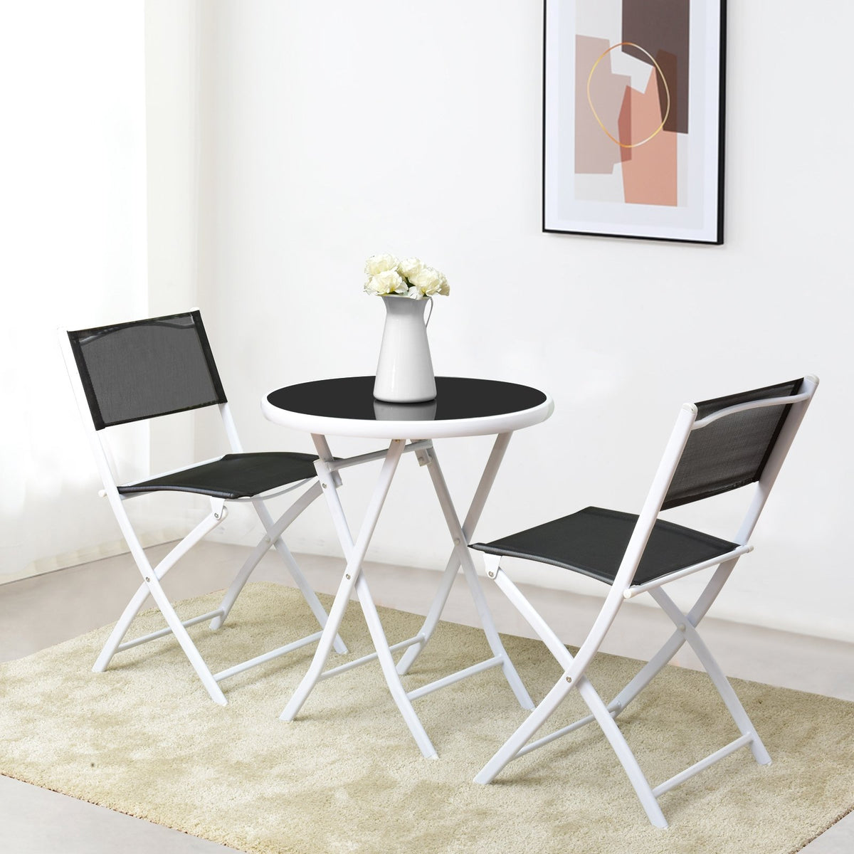 3 PCS Folding Bistro Table Chairs Set Garden Backyard Patio Furniture Black New-Black view 2