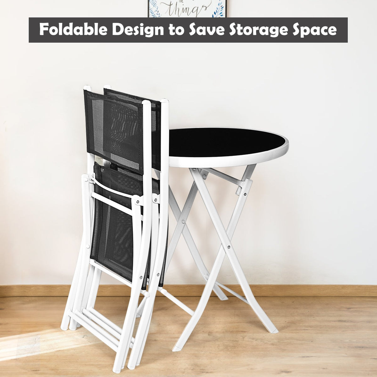 3 PCS Folding Bistro Table Chairs Set Garden Backyard Patio Furniture Black New-Black view 3