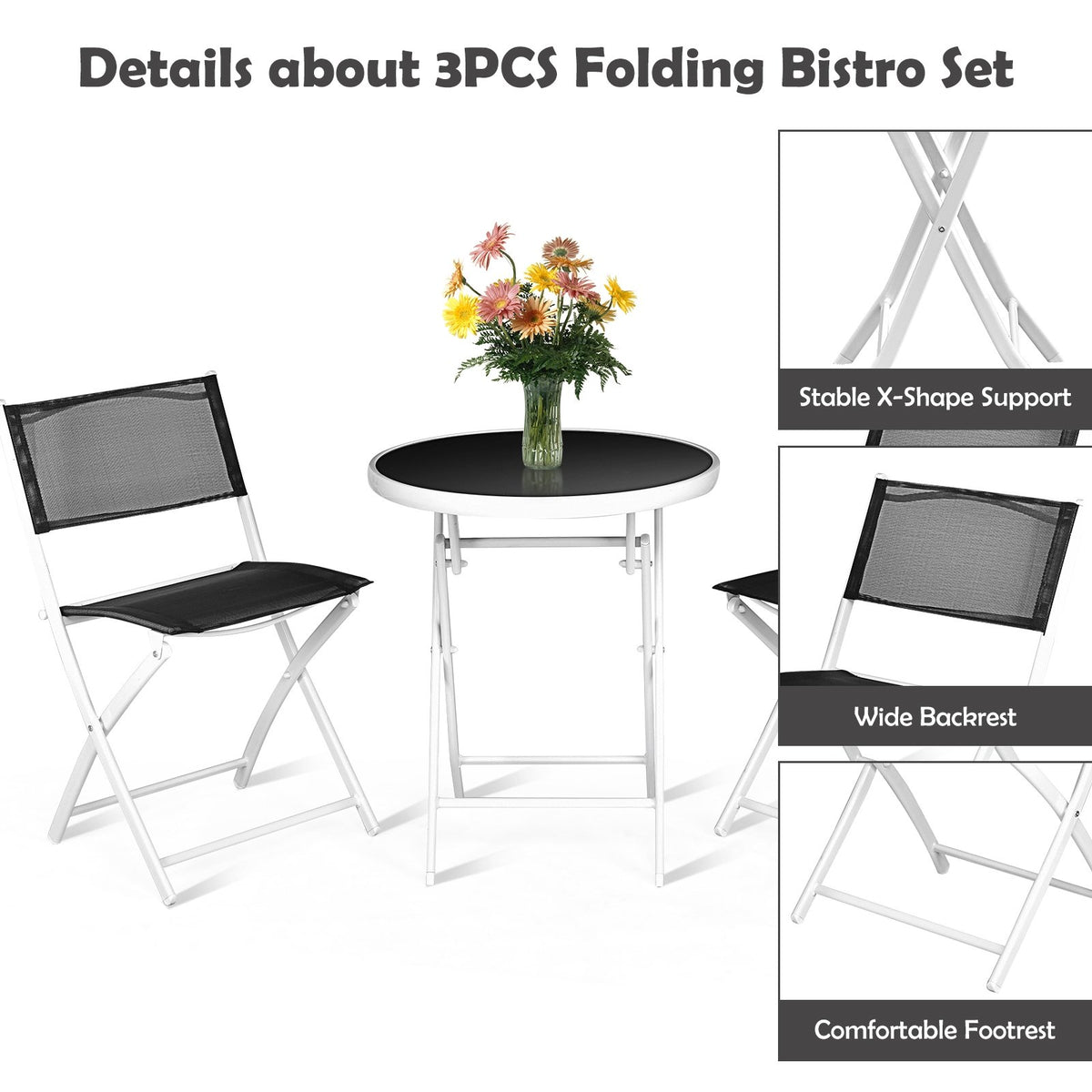 3 PCS Folding Bistro Table Chairs Set Garden Backyard Patio Furniture Black New-Black view 5